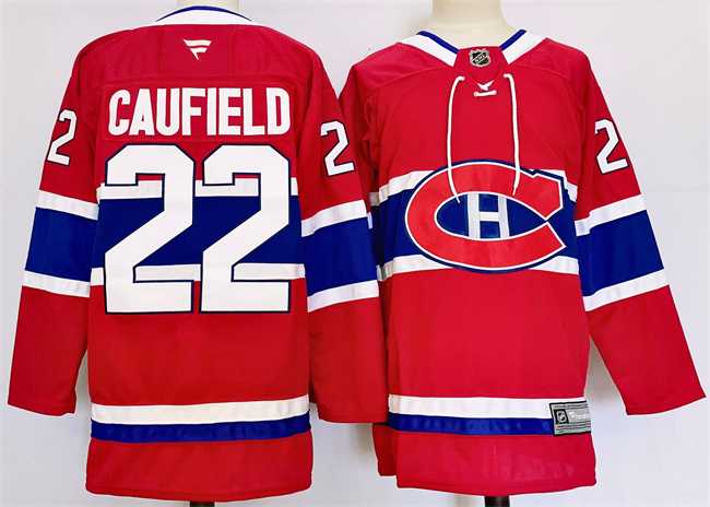 Mens Montreal Canadiens #22 Cole Caufield Red 2024-25 Stitched Jersey